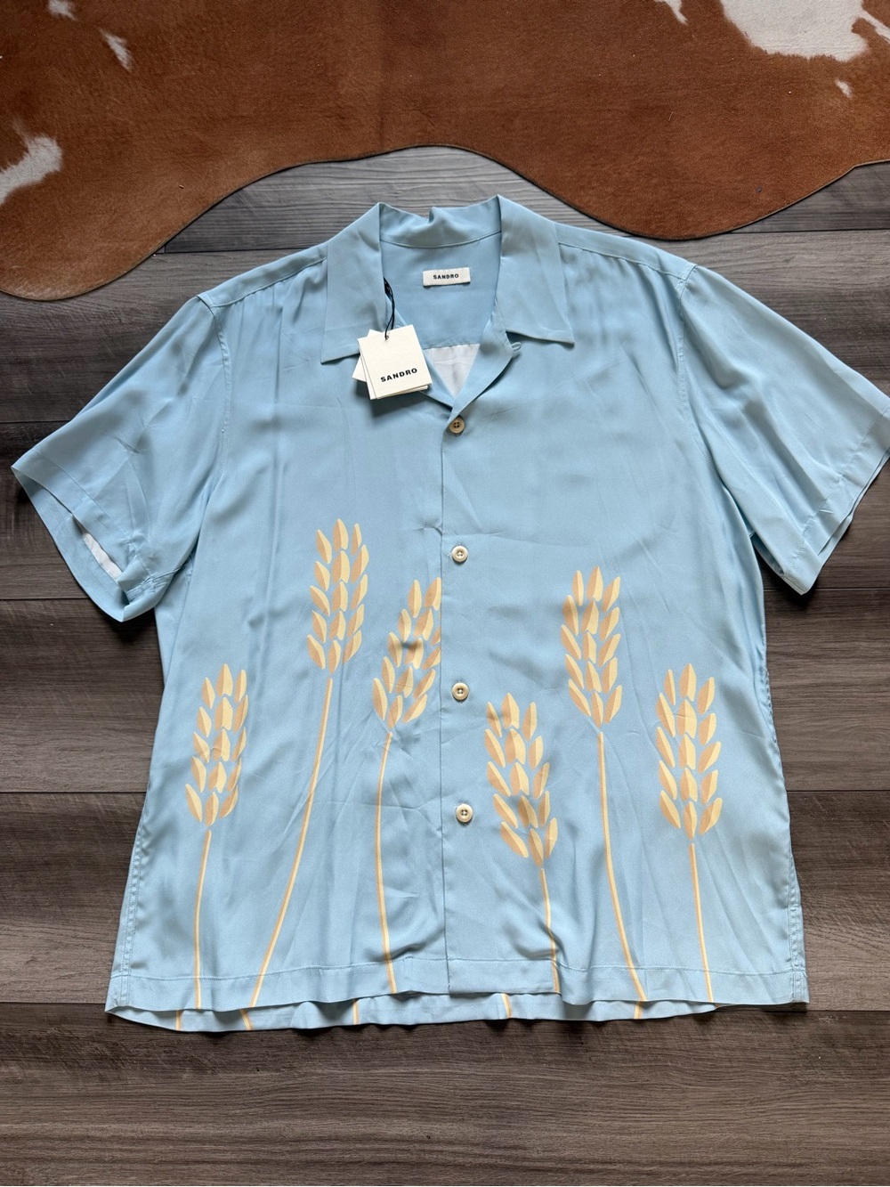 Sandro Pale Blue Short-Sleeve Shirt with Gold Wheat Motif